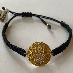 Gold plated Hamsa crystals black cord bracelet